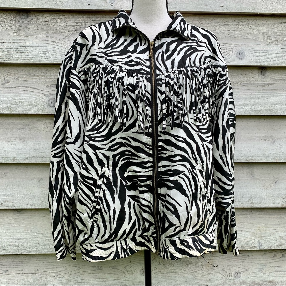 Vintage 80s Silk Zebra Print Fringe Trim Long Sleeve Zip Front Collared Jacket